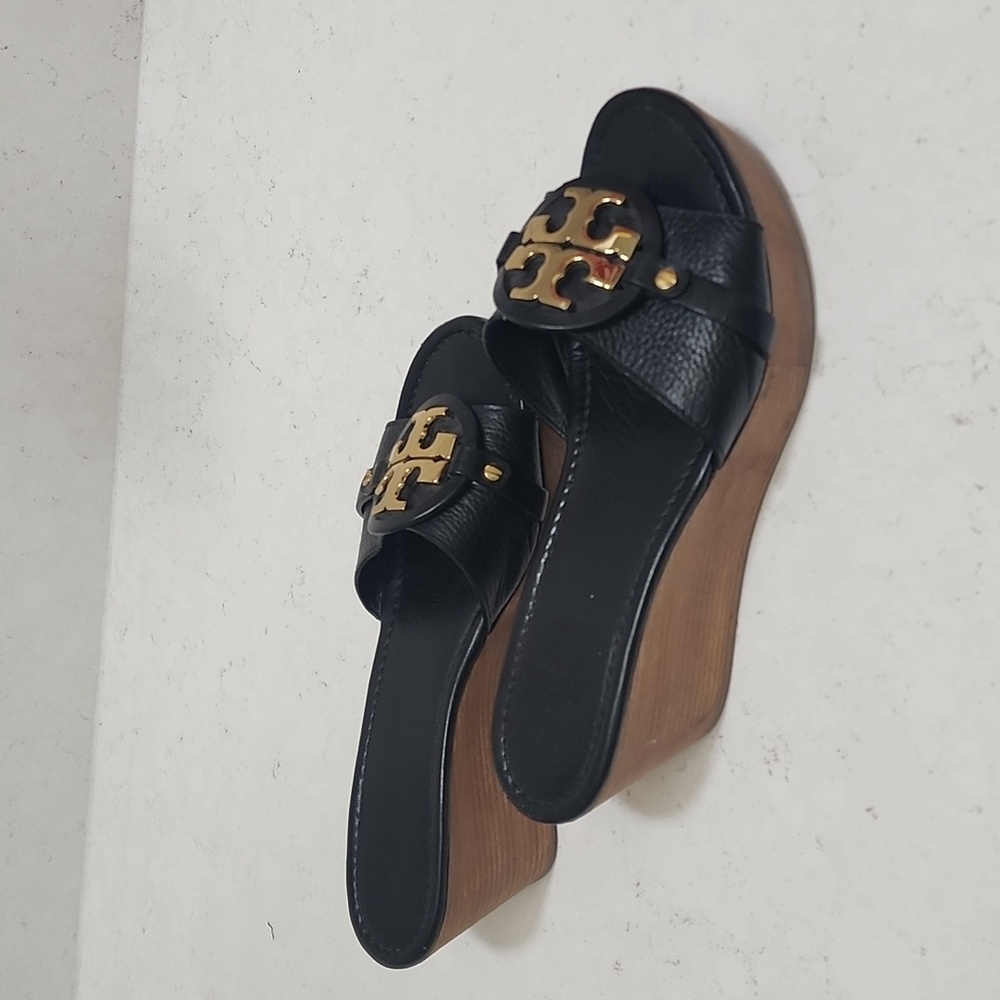 Tory Burch Black Wedges with Gold Logo - Picture 6 of 6
